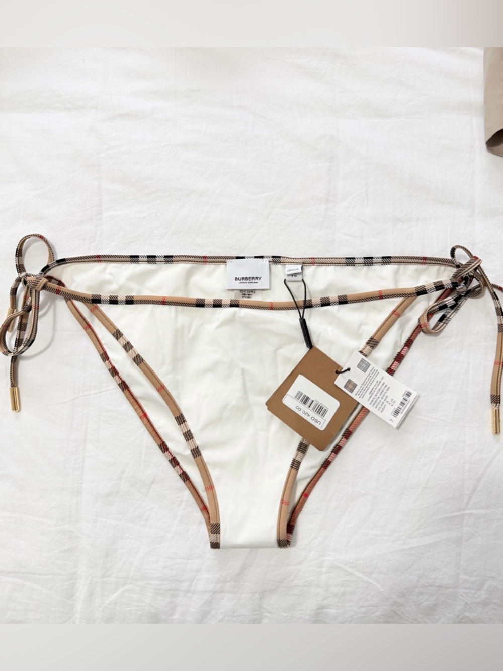 Burberry White String Bikini Bottom with Vintage Check Trim